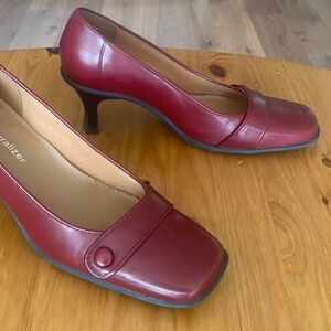 Dark Red Heels - Closed Square Toe - Leather Upper
